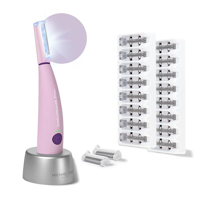 MICHAELTODDBEAUTY Microdermabrasion Devices – Michael Todd Beauty Sonicsmooth Pro+ Dermaplane Razor for Women Face + Eyebrow trimmer Dermaplaning System w/LED Light Peach Fuzz Remover -16 Dermaplaning Blades & 2 Microsmooth Exfoliation Tips