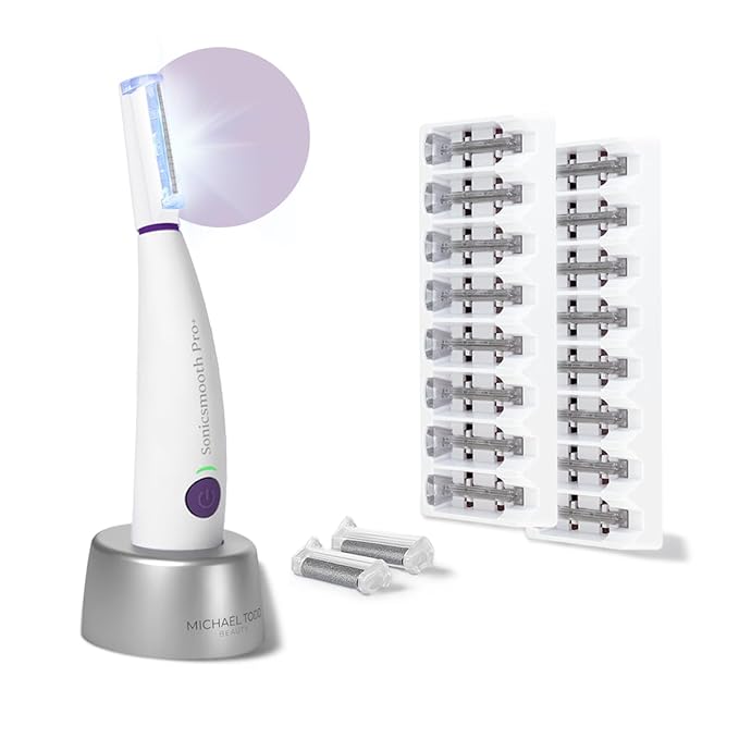 MICHAELTODDBEAUTY Microdermabrasion Devices – Michael Todd Beauty Sonicsmooth Pro+ Dermaplane Razor for Women Face + Eyebrow trimmer Dermaplaning System w/LED Light Peach Fuzz Remover -16 Dermaplaning Blades & 2 Microsmooth Exfoliation Tips