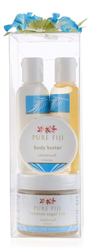 PureFiji Sets & Kits – Pure Fiji Spa Gifts for Women and Man - Body Gift Box Include: Sugar Scrub, Bath and Body Oil, Body Butter and Body Lotion, Scent Coconut
