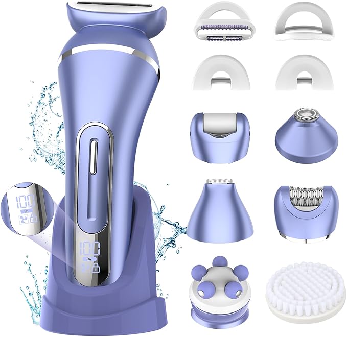 RESUXI Epilators – Electric Shavers for Women, 7 in 1 Hair Removal Kit with Epilator Bikini Trimmer Face Razor Body Brush Face Massager Foot Callus Remover, IPX7 Waterproof Lady Razors Set for Legs Armpit Bikini Pubic