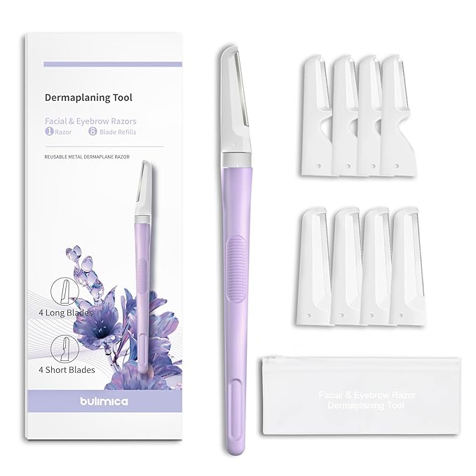 BULIMICA Personal Groomers – Face Razors for Women, Dermaplane Razor for Women Face, Eyebrow Razor, Facial Razors, Dermaplaning Tool, Reusable Metal Handle with 8 Microblades for Sensitive Skin, Peach Fuzz Remover, Purple