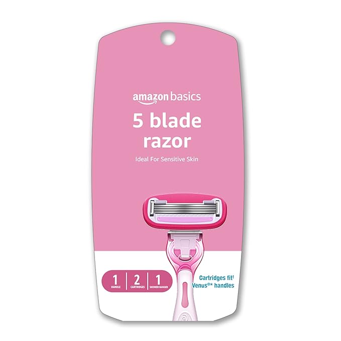 AmazonBasics Cartridge Razors – Amazon Basics Women's 5 Blade FITS Razor for Women, FITS Amazon Basics FITS Handle and Venus Handles, Includes 1 FITS Handle, 2 Cartridges & 1 Shower Hanger