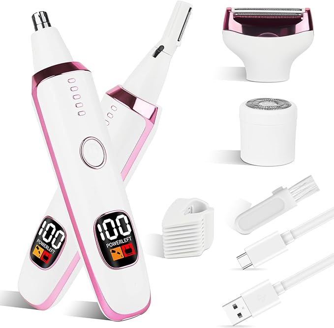 glowtalebaeuty Nose & Ear Hair Trimmers – 2025 Rechargeable Nose and Ear Hair Trimmer With LED Dispaly for Women Men,4 in 1 Painless Eyebrow & Facial Hair Trimmer with Powerful Motor,Ladies Wet & Dry Electric Razor for Travel (Pink)