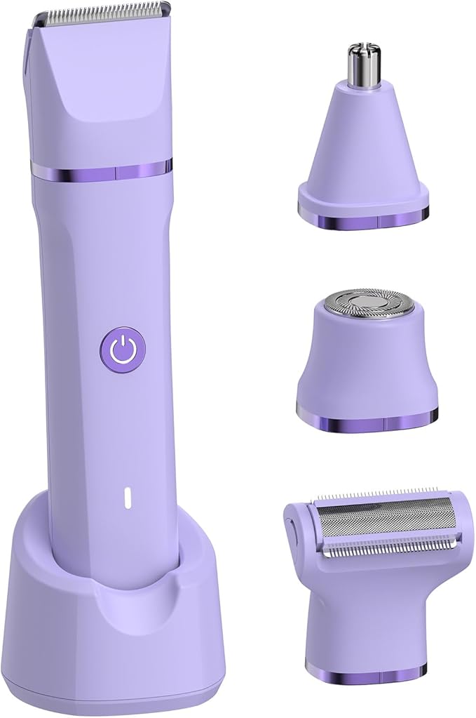 glowtalebaeuty Bikini Trimmers – Electric Razors for Women - 4 in 1 Bikini Trimmer for Women, Waterproof Body Pubic Shaver for Womens Wet & Dry Use, Replaceable Facial & Nose Hair Trimmer, Rechargeable Hair Removal Kit, Purple