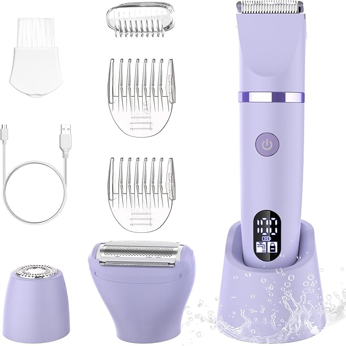 glowtalebaeuty Bikini Trimmers – 3-in-1 Electric Razor IPX7 Waterproof Bikini Trimmer Wet & Dry Use Painless Personal Trimmer Groomer for Ladies Face Body Legs Bikini Public Hairs Electric Lady Shaver with Replaceable Heads