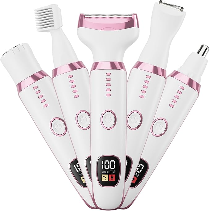 RUIM Foil Shavers – Bikini Trimmer for Women, 5 in 1 Electric Razors for Shaving, Waterproof Rechargeable Pubic Hair Trimmer with LED Display, Pink