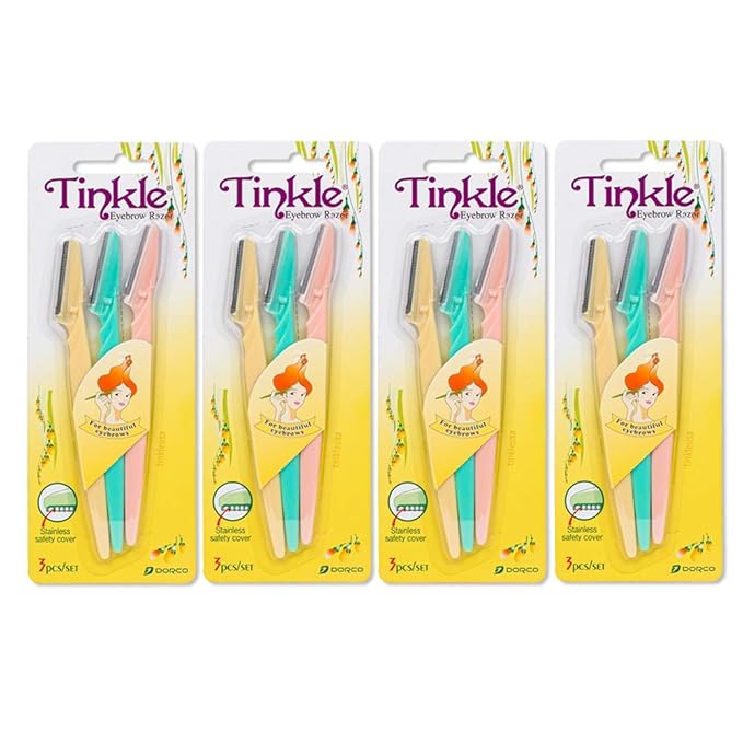 Dorco Shaving & Grooming Sets – Tinkle Dermaplaning Tool 12ct, Dermaplane Razor for Women, Safe and Easy Peach Fuzz Remover, Eyebrow Trimmer with Protective Cover (4 Packs of 3)