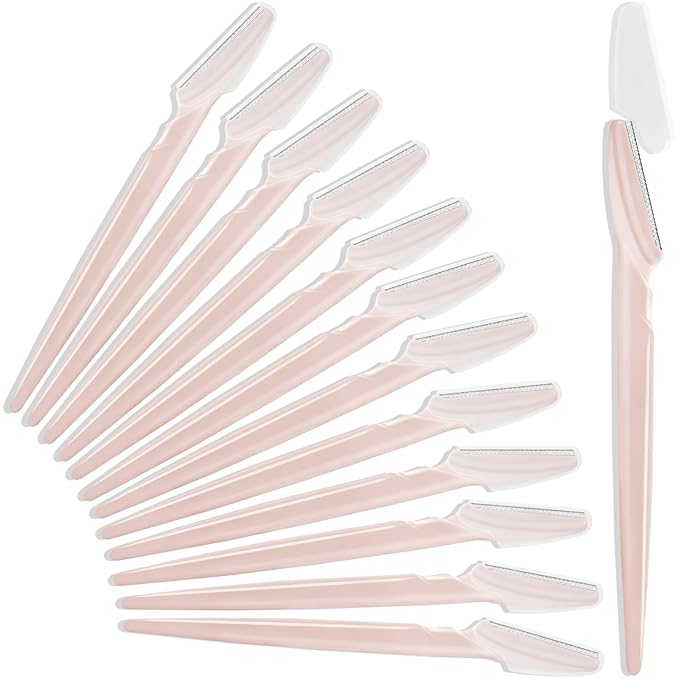 HFATMOS Disposable Razors – 12 Pcs Eyebrow Razors, Face Razors Multipurpose, Exfoliating Dermaplaning Tools, Eyebrow Trimmers Shaver with Safety Cover, Facial Hair Removal for Women Men Body Use (Light Pink)