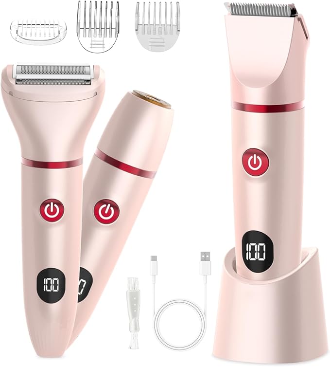 XINKAITE Foil Shavers – Bikini Trimmer for Women Pubic Hair: 3 in 1 Rechargeable Electric Razors with LED Display, IPX6 Waterproof Shaver for Underarm, Leg, Arm & Body (Pink)