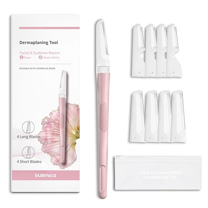 BULIMICA Cartridge Razors – Face Razors for Women, Dermaplane Razor for Women Face, Eyebrow Razor, Facial Razors, Dermaplaning Tool, Reusable Metal Handle with 8 Microblades for Sensitive Skin, Peach Fuzz Remover, Pink