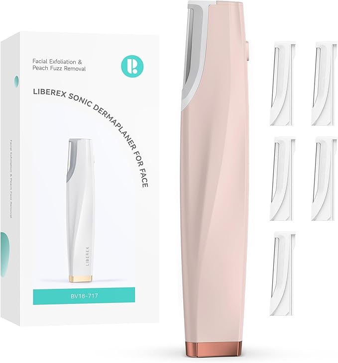 LiberexCleansingYourDays Microdermabrasion Devices – Sonic Dermaplaning Tool for Face - Rechargeable Dermaplane Razor with 6 Refill Dermablades, Facial Hair & Peach Fuzz Remover for Women (Pink)