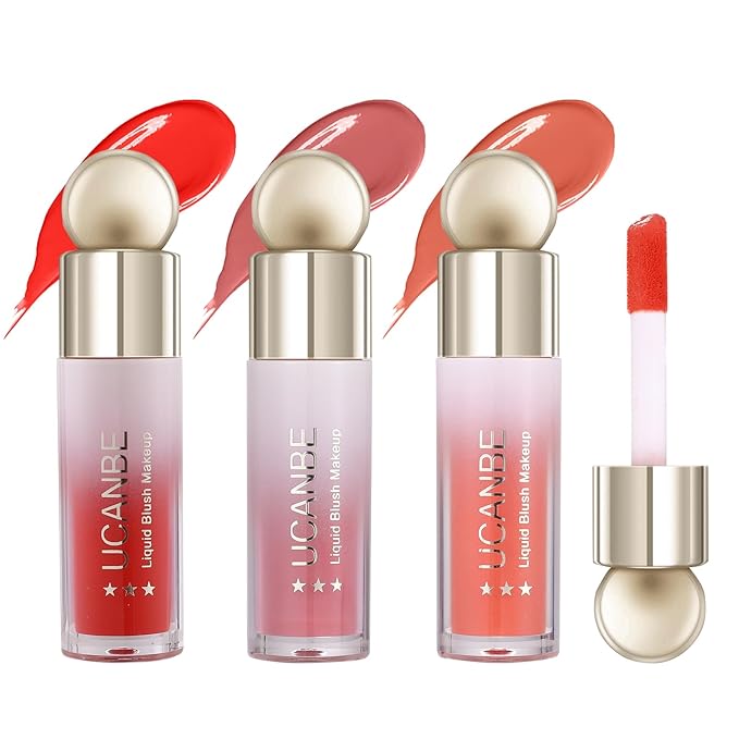 UCANBE Blush – UCANBE 3PCS Liquid Blush Makeup Set – Dewy Cream Cheek Tint for Face – Blendable Long-Lasting Lightweight Natural Flushed Look (Cherry Red, Cool Pink, Light Orange)