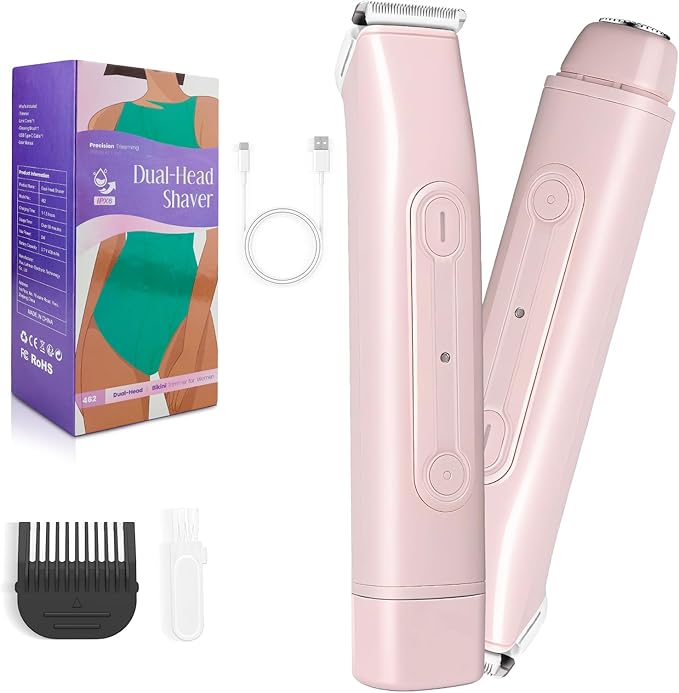 Lanumi Bikini Trimmers – Lanumi 2 in 1 Electric Shaver Dual Head Bikini Trimmer Women IPX6 Wet Dry Pubic Hair Trimmer Rechargeable Body Facial Hair Remover for Face Lip Chin Underarm Legs (Pink)