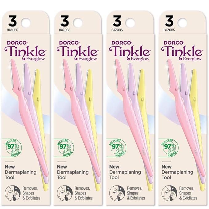 Tinkle Disposable Razors – Dorco Tinkle Everglow, 12 Razors (4 Packs of 3), Eco-Friendly Dermaplaning Tool, Multipurpose Eyebrow Razor & Face Shaver