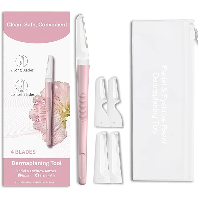 BULIMICA Cartridge Razors – Face Razors for Women, Dermaplane Razor for Women Face, Eyebrow Razor, Facial Razors, Dermaplaning Tool, Reusable Metal Handle with 4 Microblades for Sensitive Skin, Peach Fuzz Remover, Pink