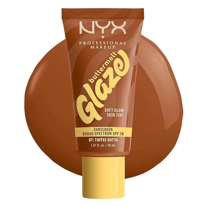 NYX PROFESSIONAL MAKEUP Buttermelt Glaze Soft Glow Skin Tint + SPF 30, Up To 12HR Wear, 07 Toffee Butta