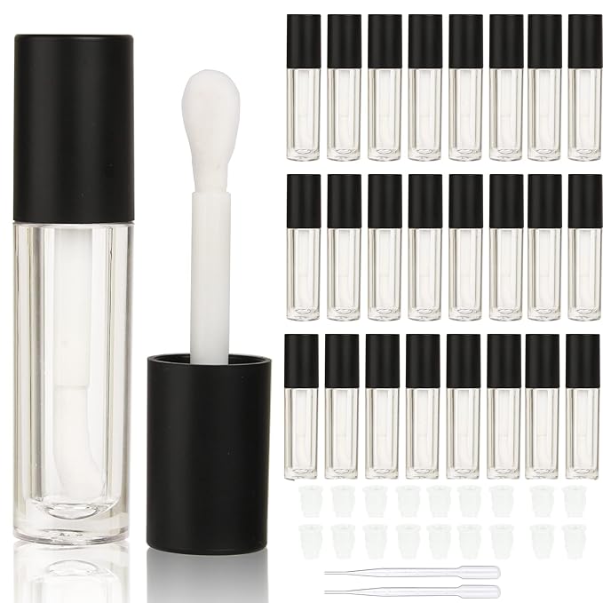COSIDEA 24 pcs Empty 5ml big brush lip gloss tube black round lipgloss tubes container with big doe foot wand cosmetic packing containers