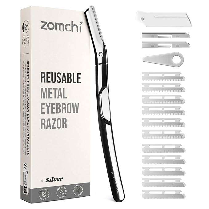 ZOMCHI Razors & Blades – ZOMCHI Eyebrow Razor and Face Razor for Women and Men, Reusable Metal Handle with 11 Refill Blades, Dermaplane Razor with Protective Silicone Cap, Eyebrow Hair Trimmer - Polished Silver