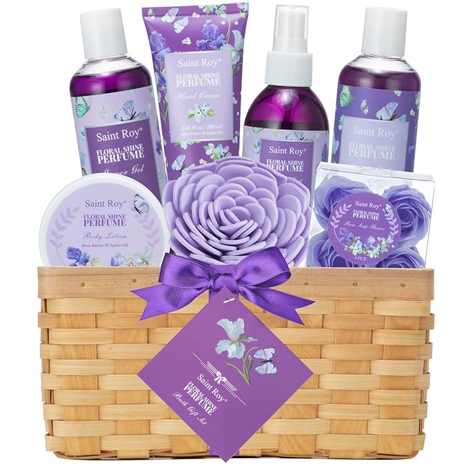 SaintRoy Sets & Kits – Mother's Day Gifts for Mom Gift Basket for Women, Luxury 11Pcs Floral Perfume Scents Bath and Body Home Spa Gift Kit with Bubble Bath, Body Lotion, Self Care Gifts Basket for Her, Birthday Gifts