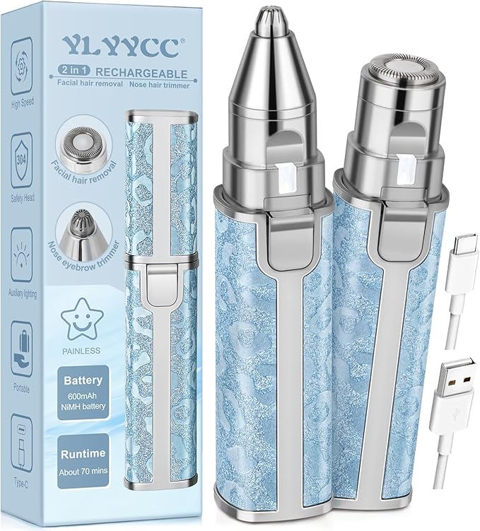 YLYYCC Personal Groomers – Facial Hair Remover for Face Lip, Electric 2 in 1 Face Shaver and Eyebrow Trimmer, Rechargeable Blue Nose Hair Trimmer for Women with Built-in LED Light