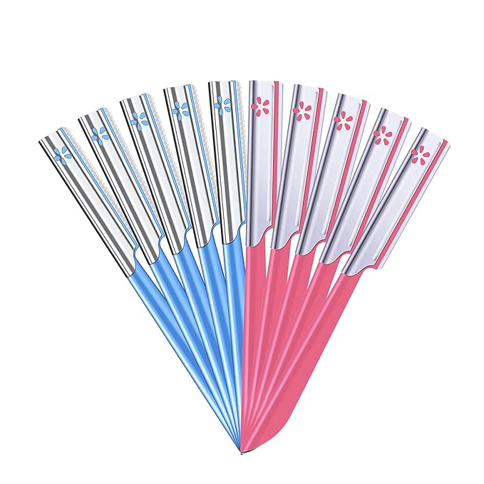 JDGMPS Razors & Blades – 10 Pieces Eyebrow Razor for Women Facial Shaver Razor Brow Shaper Eyebrow Trimmer Dermaplaner Shaping Tool with Cover (Pink+Blue)