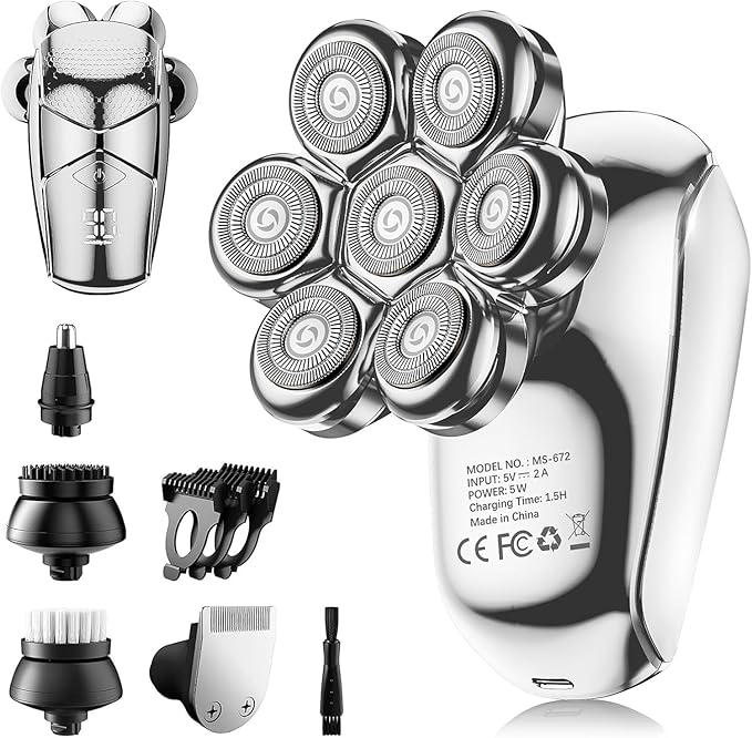 SHPAVVER Rotary Shavers – Detachable Head Shavers, SHPAVVER 5 in 1 Electric Razor IPX7 Waterproof for Bald Men, Wet Dry LED Display Rechargeable 7D Rotary Shaver Grooming Kit with Type C Charge A,Bright Silver