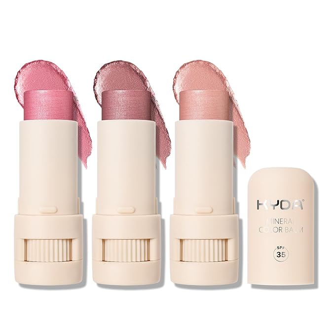 KYDA Blush – KYDA 3 Colors Mineral Color Balm, Buildable Shimmer Color for Lips and Cheeks, Broad spectrum SPF 35, Natural Shimmer Finish, Lightweight Blendable Creamy, Multiuse Blush Stick, Set A