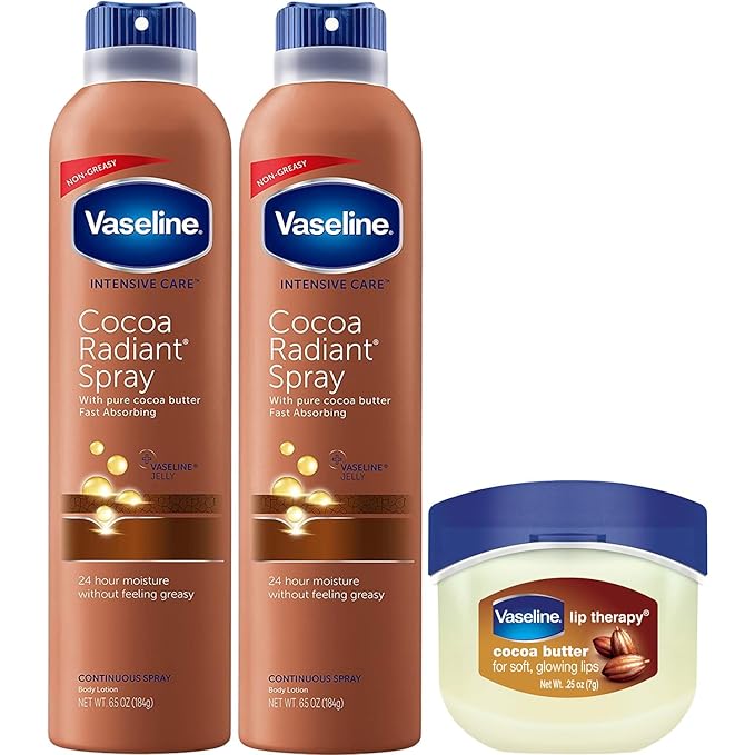 Vaseline Lotions – Vaseline Cocoa Radiant Spray Body Lotion 2-Pack + Mini Lip Therapy for Soft, Glowing Skin & Lips