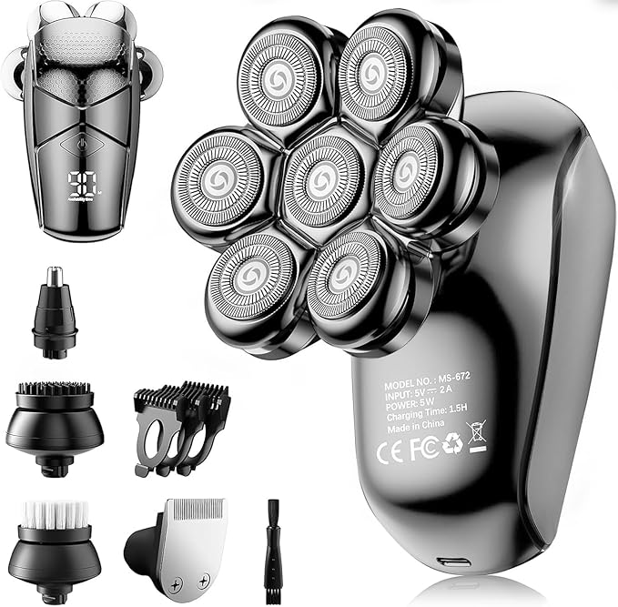 SHPAVVER Rotary Shavers – Detachable Head Shavers, SHPAVVER 5 in 1 Electric Razor IPX7 Waterproof for Bald Men, Wet Dry LED Display Rechargeable 7D Rotary Shaver Grooming Kit with Type C Charge A,Gray Black