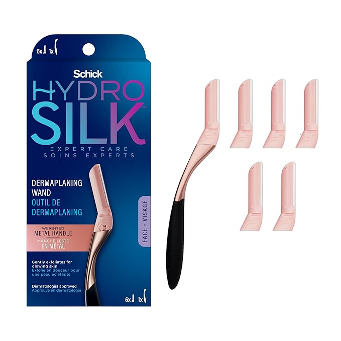 SchickHydroSilk Razor Blades & Cartridges – Schick Hydro Silk Dermaplaning Wand, Dermaplaning Tool for Face | Dermaplane Razor for Women Face, Eyebrow Razor, Peach Fuzz Remover, Includes 1 Weighted Metal Handle with 6 Refill Blades