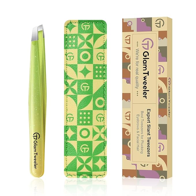 glowtalebaeuty Tweezers – Expert Eyebrow Hair Removal Tweezer with Leather Case, GlamTweeler High Precision Slant Tip Stainless Steel Tweezers for Men and Women (Sparkle Apple Green & Yellow)
