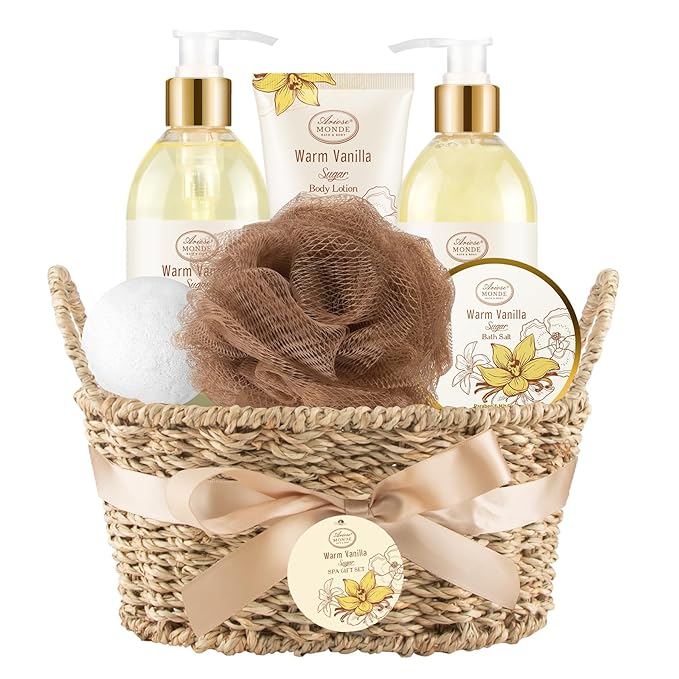 Ariosemonde Sets & Kits – Bath and Body Warm Vanilla Sugar Spa Gifts for Women, with Shower Gel, Bubble Bath, Body Lotion, Bath Bomb, Bath Salt, Spa Basket Gift Set for Women, 7pcs Set Gifts