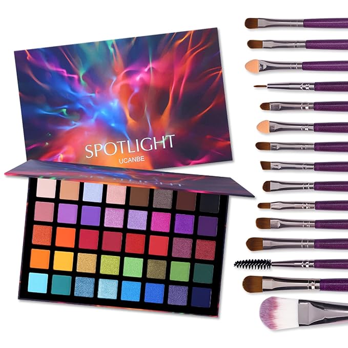 UCANBE Eyeshadow – UCANBE Spotlight Eyeshadow Palette + 15 PCS Eye Brushes Makeup Set, Professional 40 Color Matte Shimmer Glitter Eye Shadow Pallet Highly Pigmented Waterproof Long Lasting Make up Pallete