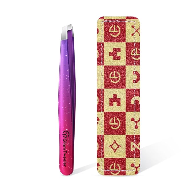 glowtalebaeuty Tweezers – Expert Slant Tip Tweezers with Leather Travel Case, GlamTweeler Sharp & Precision Stainless Steel Tweezer for Eyebrows, Facial Hair and Fine Hairs Removal (Sparkle Deep Violet & Lavender)