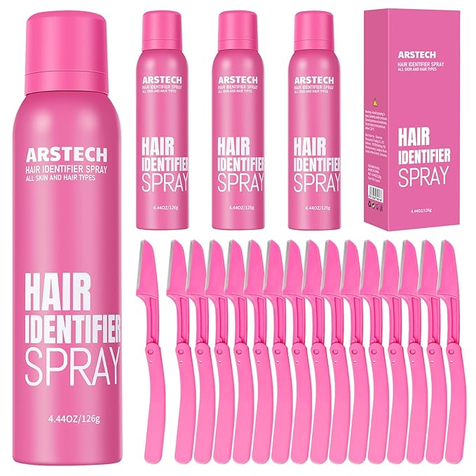 ARSTECH Shaving & Grooming Sets – Hair Identifier Spray for Face Shaving Dermaplaning Tool 4 Pack Skin Body Dermaplaning Spray for Women with 16 Face Razor for Face Shaver Hair Removal Kit Excess Hair Dermaplane Razor for Women Face