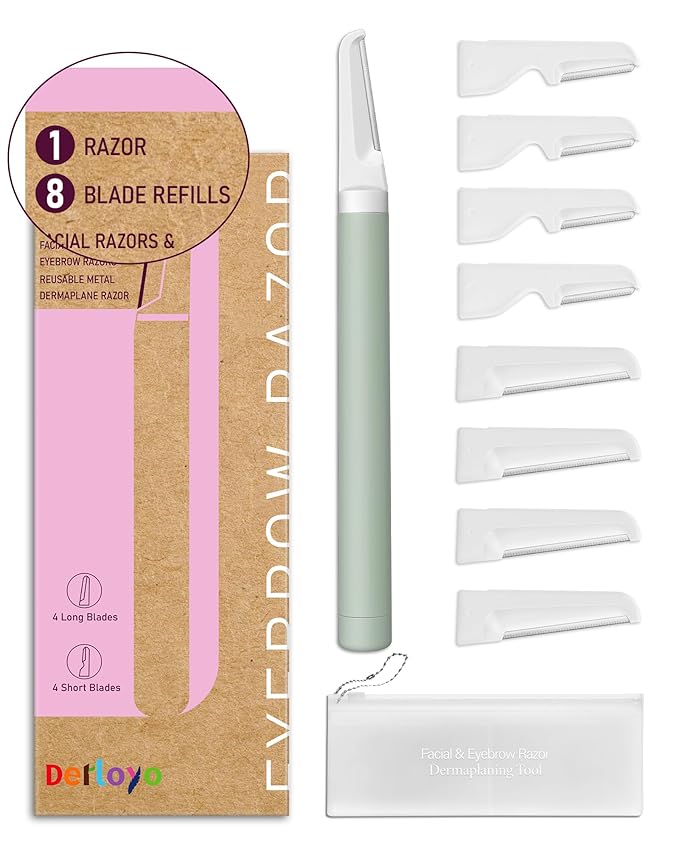 Derloyo Disposable Razors – Dermaplane Razor - Facial Hair Removal Tool with 8 Refill Blades, Exfoliating Dermaplaning Tool for Face, Eyebrow Razor with Safety Cover, Face Shaver for Women (Green)