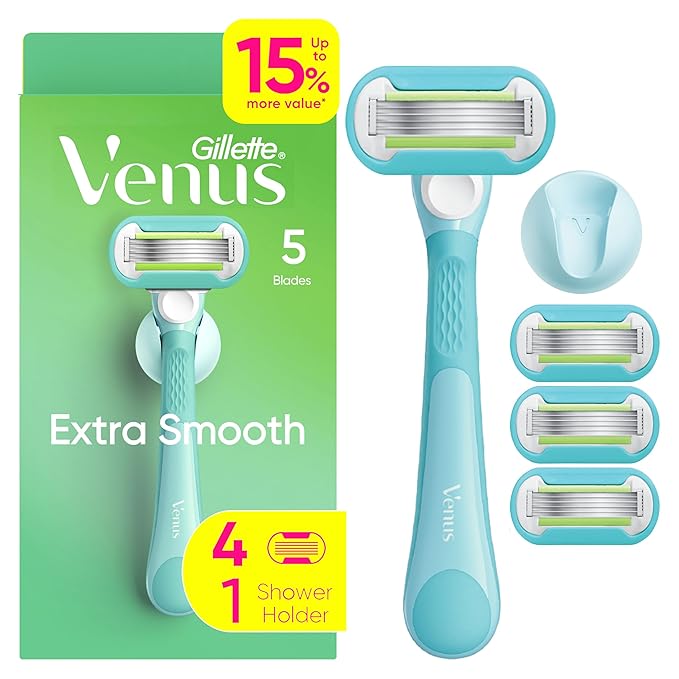 Venus Cartridge Razors – Gillette Venus Extra Smooth Razor for Women, Includes 1 Reusable Razor Handle + 4 Refills, 5-Bladed, Ergonomic No-Slip Gel Handle and Shower Holder