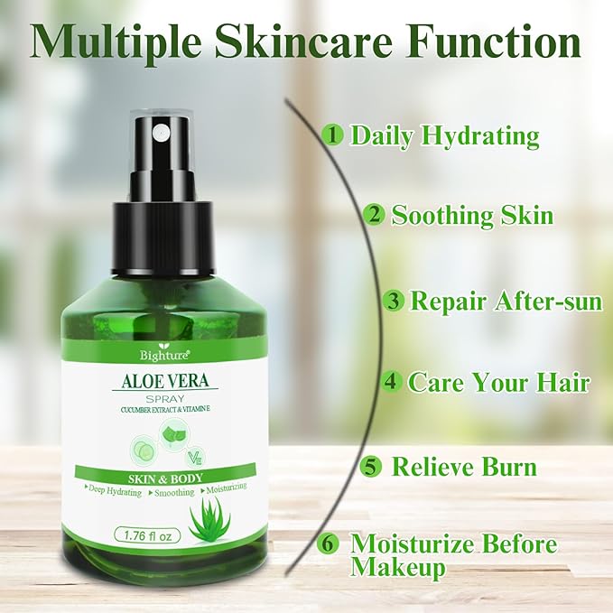 Aloe Vera Spray for Whole Body Skin, Aoe Vera Spray Extract from Freshly Cut Aloe and Infused wirh Cucumber Essence,Fast Absorbing, Easy to Use, Travel Set, 1.73 oz
