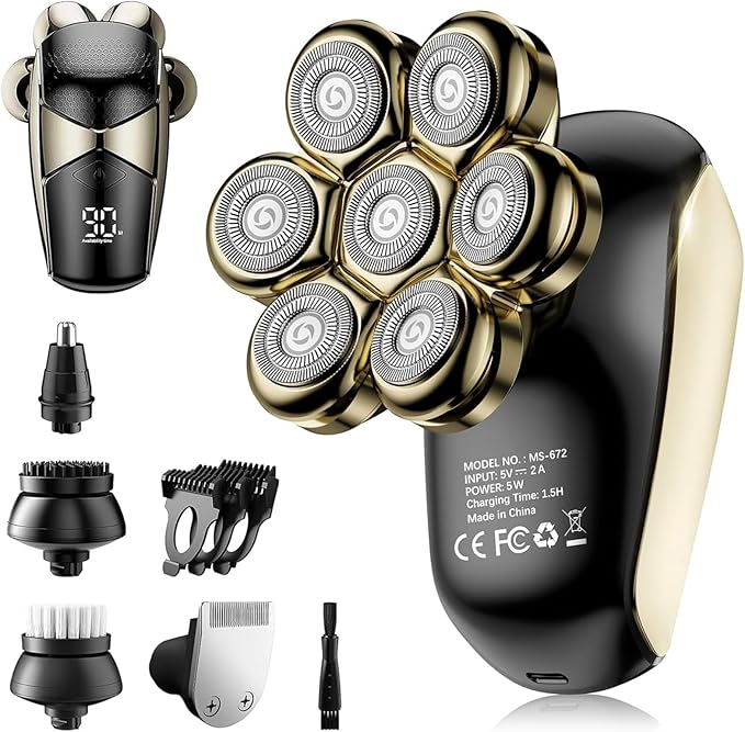 SHPAVVER Rotary Shavers – Detachable Head Shavers, SHPAVVER 5 in 1 Electric Razor IPX7 Waterproof for Bald Men, Wet Dry LED Display Rechargeable 7D Rotary Shaver Grooming Kit with Type C Charge A