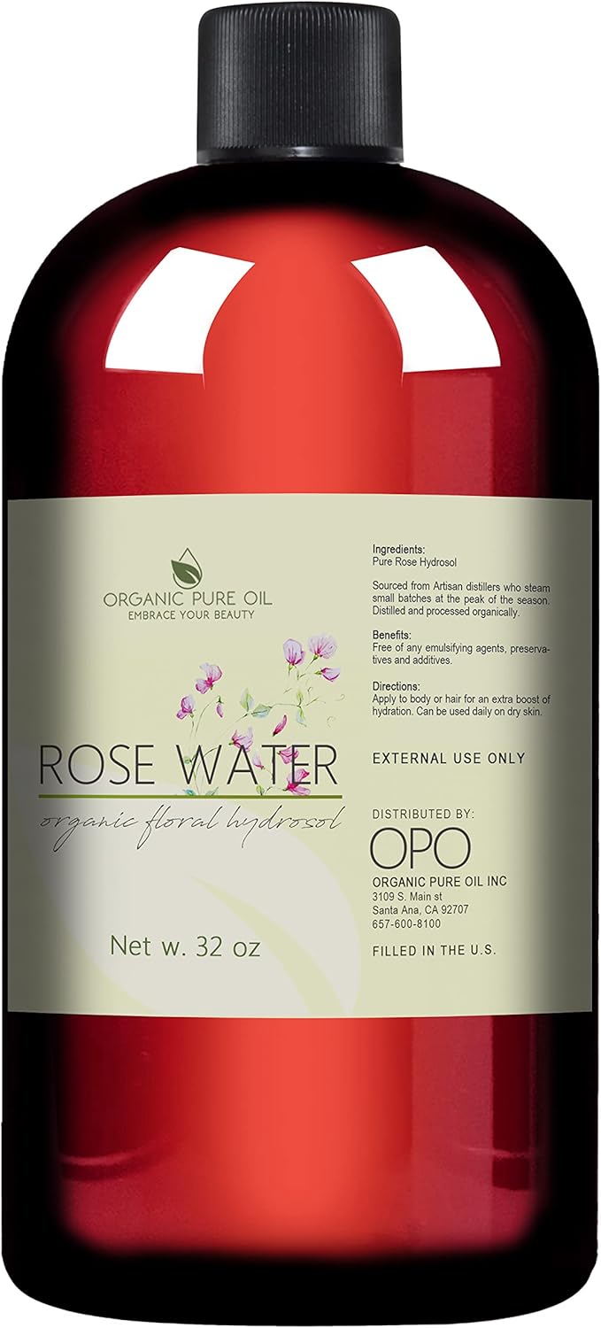 OrganicPureOil Face Mists – 32 oz Rose Hydrosol Water – 100% Pure Rosewater Spray Mist Bulk – Hydrating Face Toner Rose Water for Skin and Hair Linen Spray for Sheets Room Freshener Body Spray Refill by Organic Pure Oil