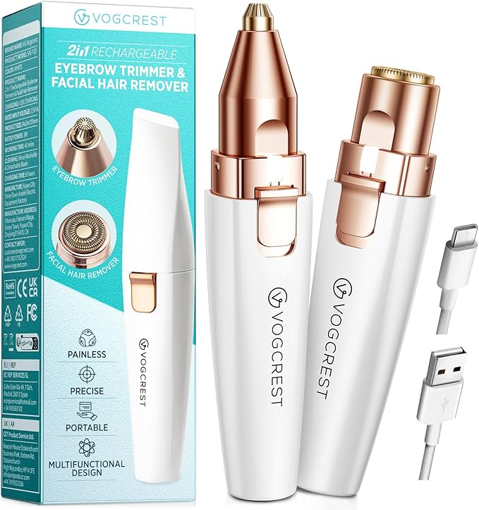 VGVOGCREST Personal Groomers – Rechargeable Eyebrow and Facial Hair Remover for Women - 2 in 1 Razor with Built-in LED Light for Painless Hair Removal