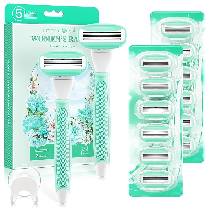 DreamGenius Cartridge Razors – DreamGenius Razors for Women Include 2 Non-Slip Handles and 14 Blade Refills with a Shower Holder, 5 Premium Blades Women's Razors for Shaving with 360° Lubrication Reduces Irritation, Green