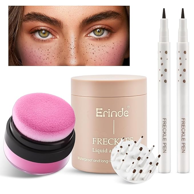 Erinde Blush – Erinde Natural Freckle Blush Makeup Kit - Liquid Freckle Pen & Fake Freckles Stamp Air Cushion & Powder Cushion Blush, Long Lasting Waterproof Freckles Tattoo Marker for Natural Sunkissed Makeup
