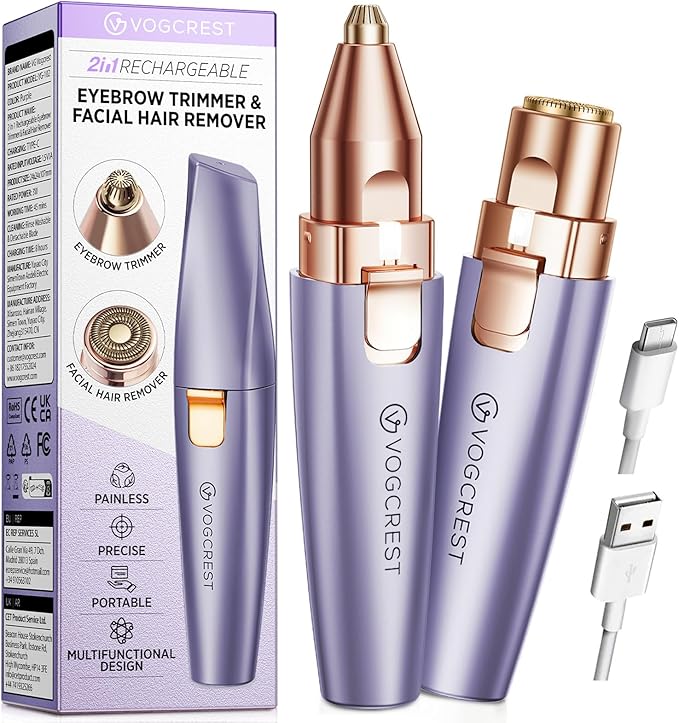 VGVOGCREST Eyebrow Trimmers – Eyebrow Facial Trimmer: 2 in1 Rechargeable Facial Hair Removal and Eyebrow Shaver - Face Lips Body Painless Facial Razor with Built-in LED Light (Solar Purple)