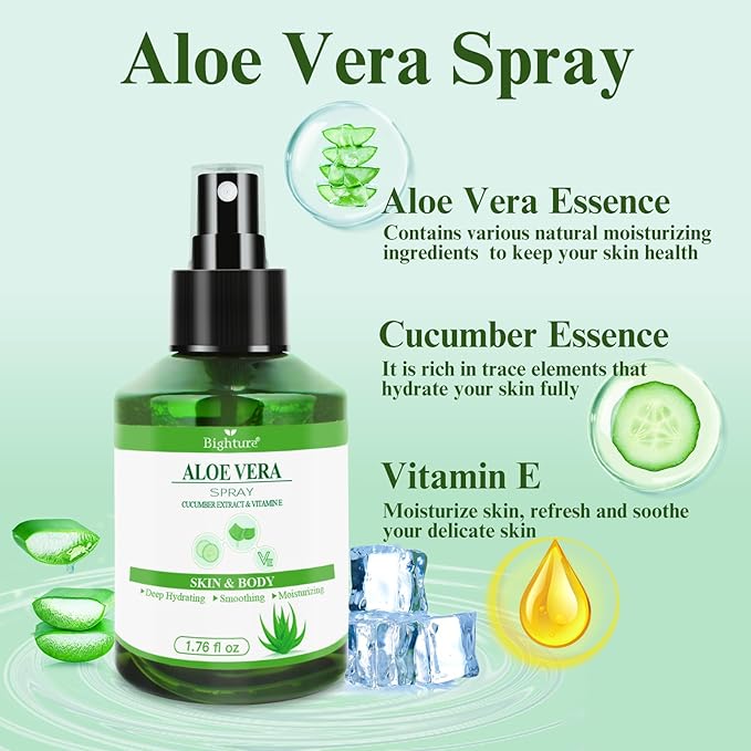 Aloe Vera Spray for Whole Body Skin, Aoe Vera Spray Extract from Freshly Cut Aloe and Infused wirh Cucumber Essence,Fast Absorbing, Easy to Use, Travel Set, 1.73 oz