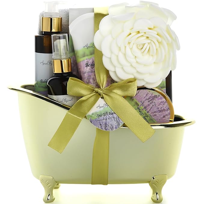 AquaElegante Sets & Kits – Spa Gift Baskets For Women - Luxury Bath Set With Lavender & Tea Tree Oil - Spa Kit Includes Body Wash, Bubble Bath, Lotion, Bath Salts, Body Scrub, Body Spray, Shower Puff, and Towel