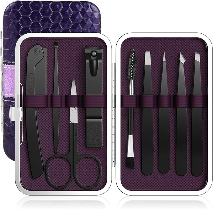 glowtalebaeuty Tweezers – 9PCS Tweezers Set for Facial Hair, Precision Tweezer for Eyebrows with Curved Scissor and Eyebrow Razor for Ingrown Hair as Stocking Stuffers Gifts for Women/men