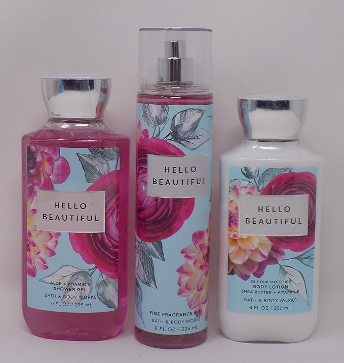 glowtalebaeuty Sets & Kits – Hello Beautiful (White Gardenia, Jasmine, Magnolia, Pink Nectarine, Cotton Musk) Lot of Three Full Size 1- 10 oz Shower Gel, 1- 8 oz Body Lotion, and 1- 8 oz Fine Fragrance Mist