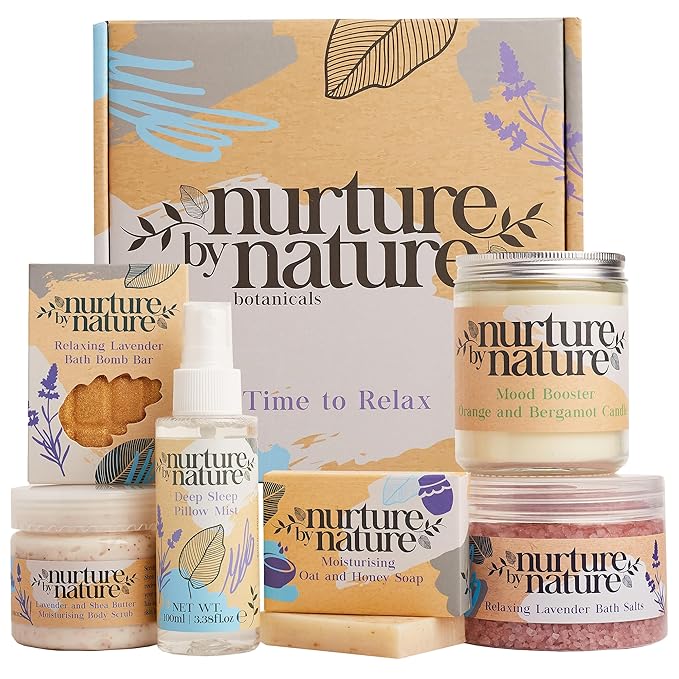 NurturebyNatureBotanicals Sets & Kits – Nurture by Nature RELAX & CALM Spa Kit - Mothers Day Gifts - Spa Gift Baskets For Women, Complete Bath Sets for Women Gift - Lavender Pillow Mist, Bath Salts, Bath Bomb - Self Care Gift Basket