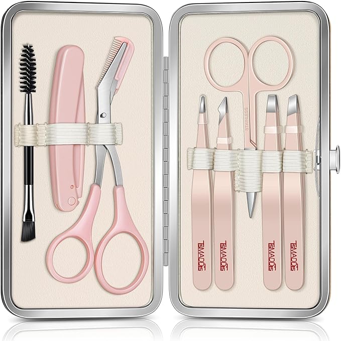 TsMADDTs Tweezers – TsMADDTs Tweezers for Women Facial Hair, 8 in 1 Eyebrow Kit with Tweezers, Eyebrow Trimmer Scissors, Razor, Brush with Travel Bag, Hair Plucking Daily Beauty Tools
